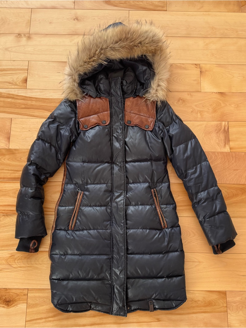 Rudsak Navy Puffer Winter Coat with Fur Trim and Leather Accents